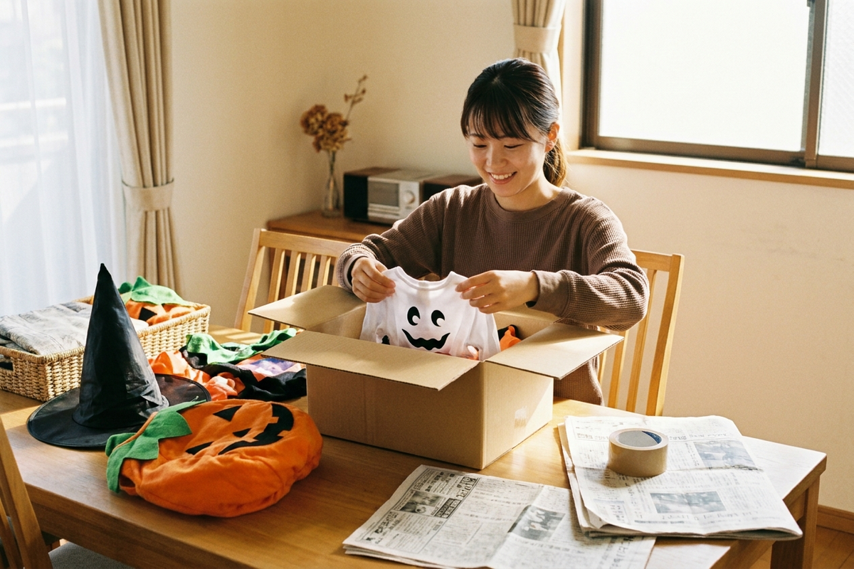 着なくなったハロウィン衣装をフリマ出品用に梱包する様子