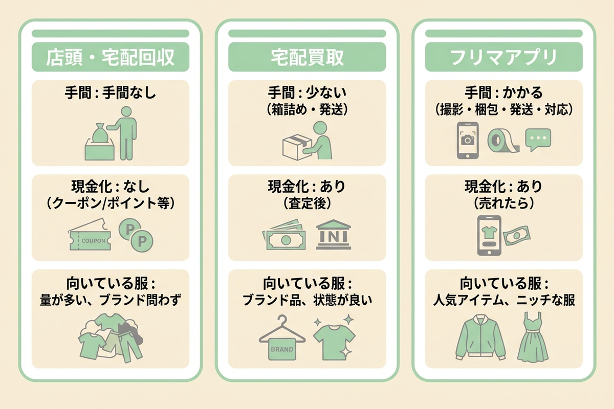 店頭回収・宅配買取・フリマアプリの3つの選択肢を比較したイメージ図