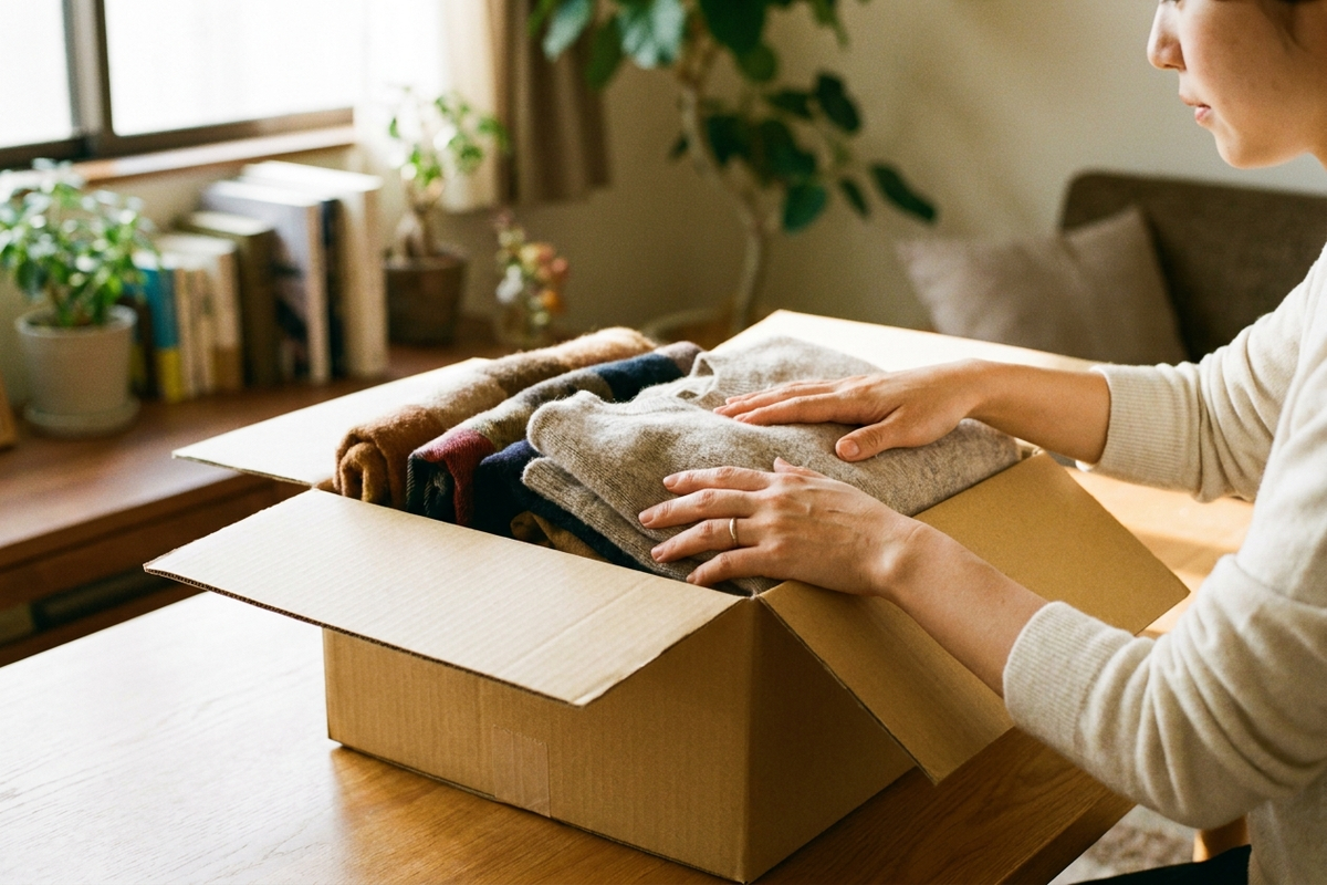 宅配買取用の段ボールに秋物の服を詰める様子