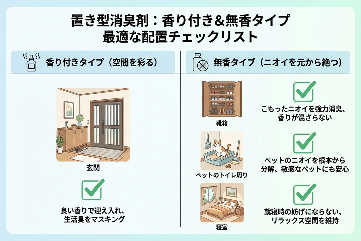 玄関やペット周りなど設置場所ごとに向いているタイプを示すチェックリスト