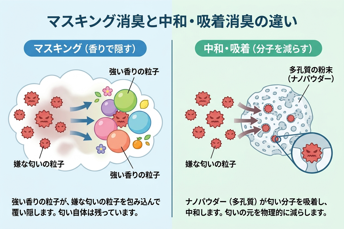 マスキング消臭と中和消臭の違いを説明する図解