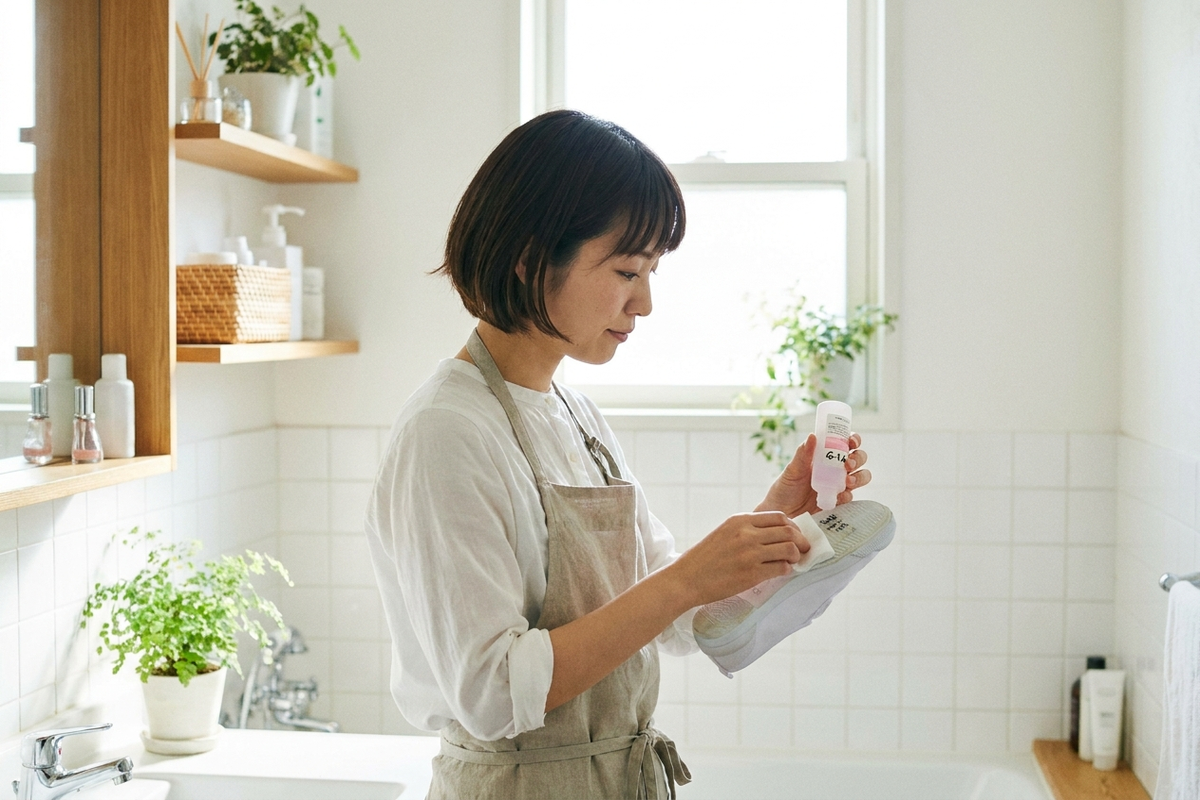 上履きのゴム部分の名前を除光液で薄くしている様子