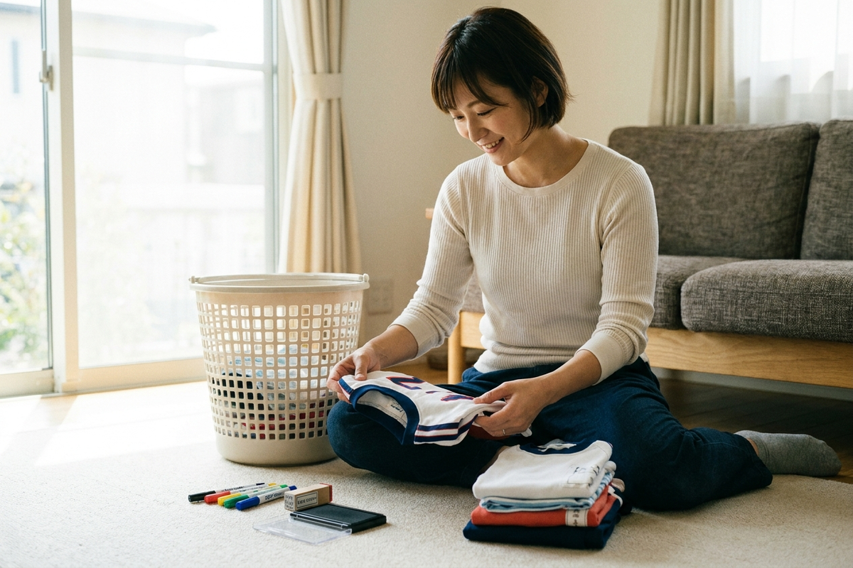 お下がりの体操服を畳みながら名前つけグッズを見る女性