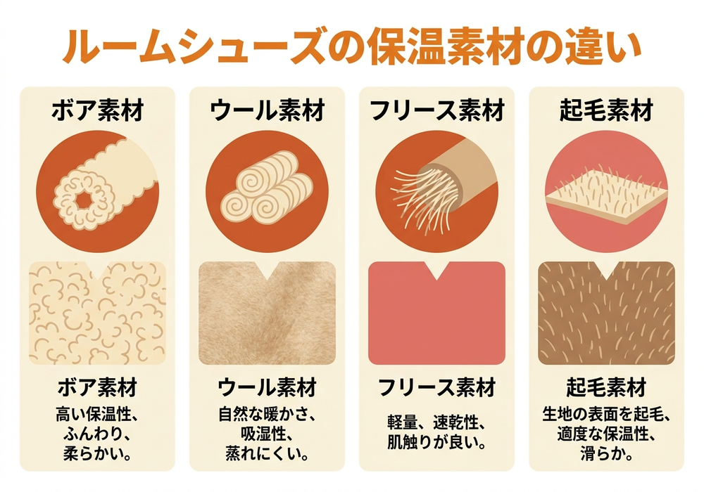 ルームシューズの保温素材の違いを示す図