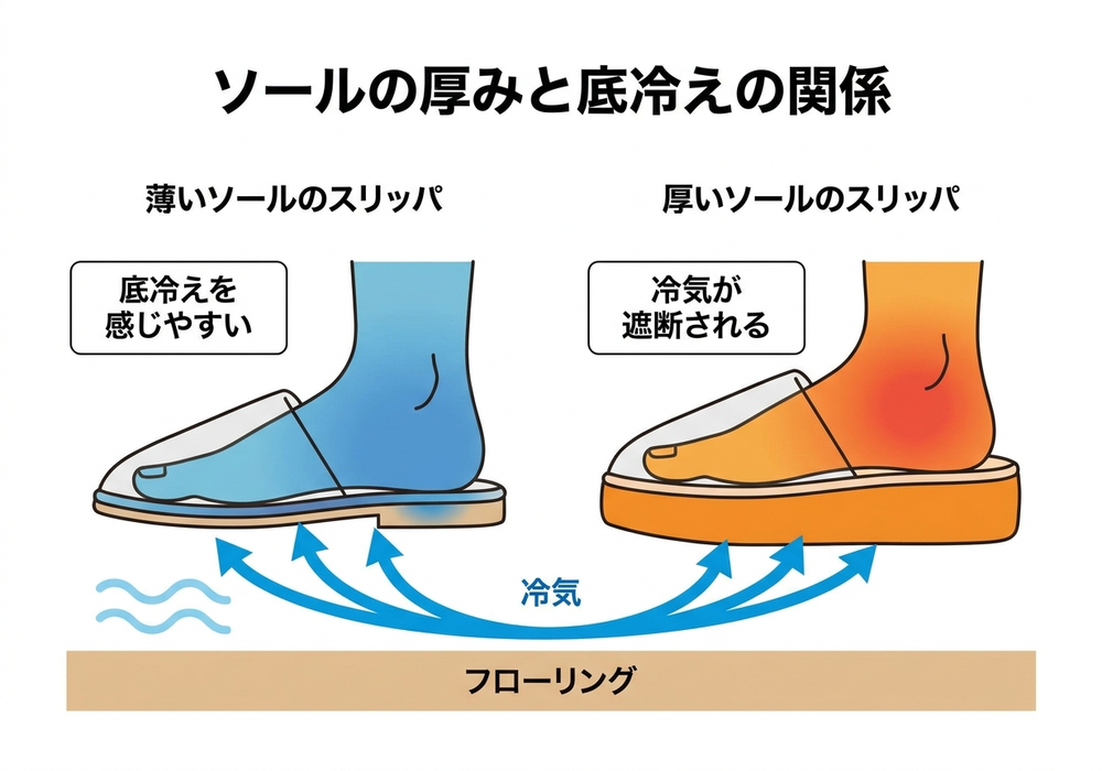 ソールの厚みと底冷えの関係を示す図