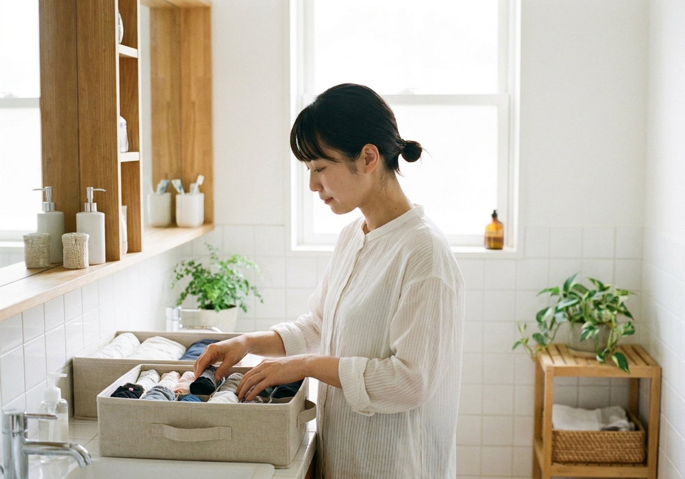 収納ボックスで下着を整理する女性