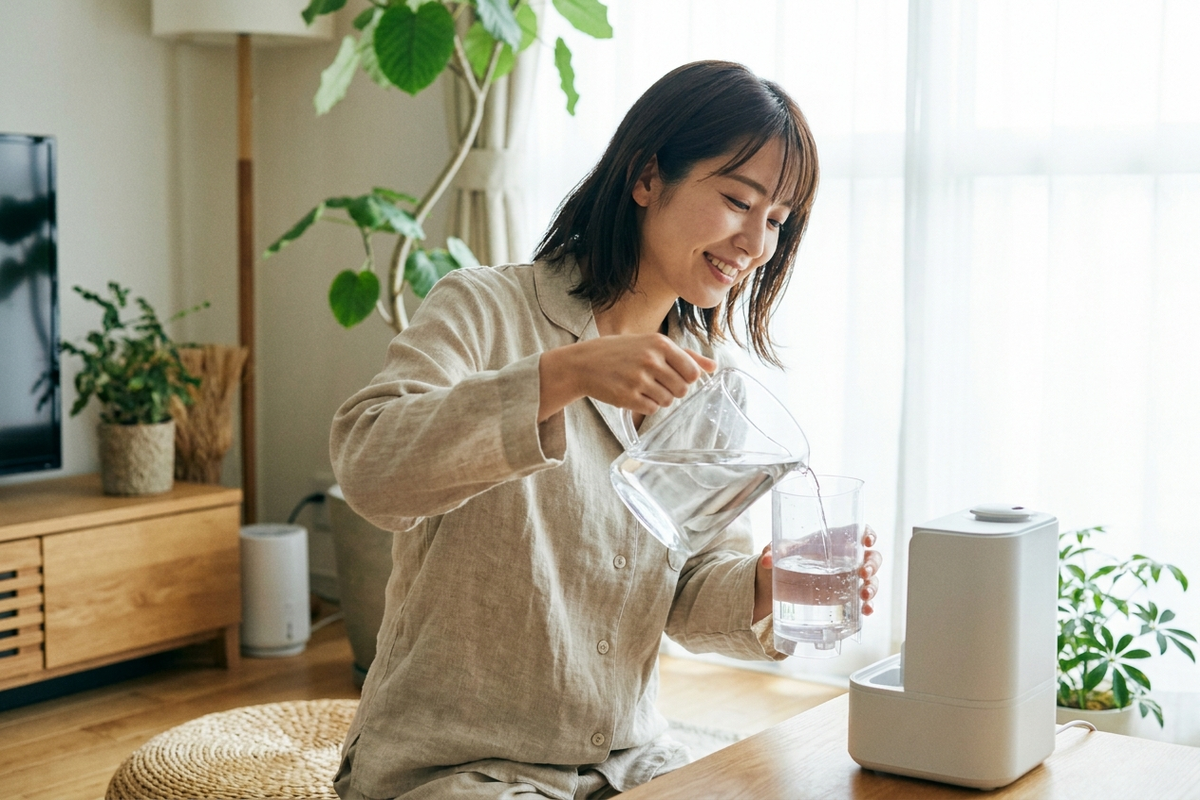 加湿器の水は水道水のままでいいの？ミネラルウォーター・精製水との違いと『白い粉』の正体をAIに聞いてみた【2026年版】