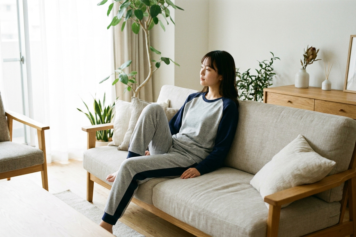 リビングでリカバリーウェアを着てリラックスする女性