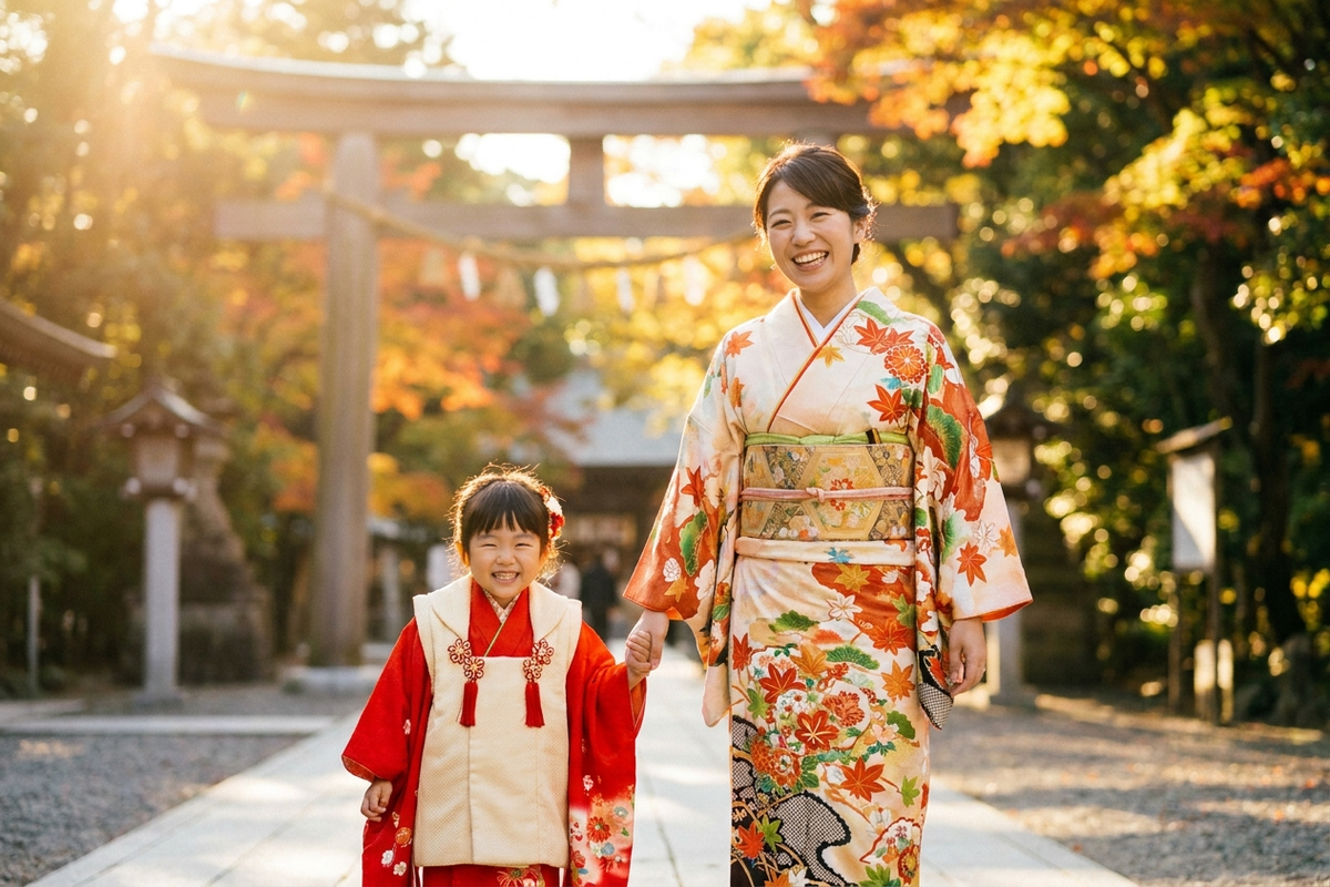 七五三の晴れ着を着た子供と微笑む母親