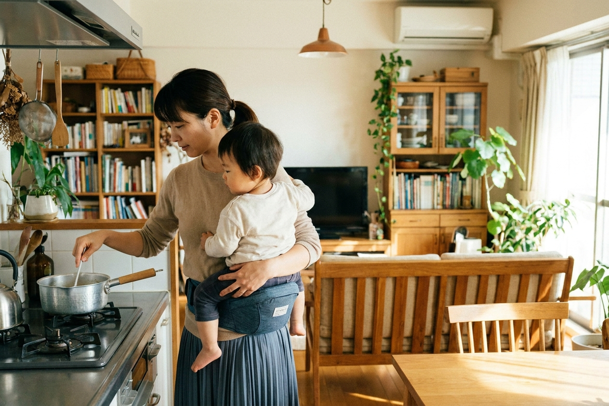 ヒップシートを使って上の子を片手で抱っこしながら家事をするママ