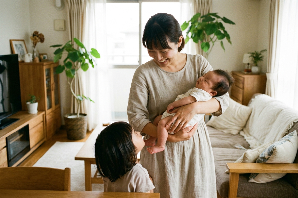 二人目育休中のママが上の子と赤ちゃんに囲まれてほっとひと息つく様子