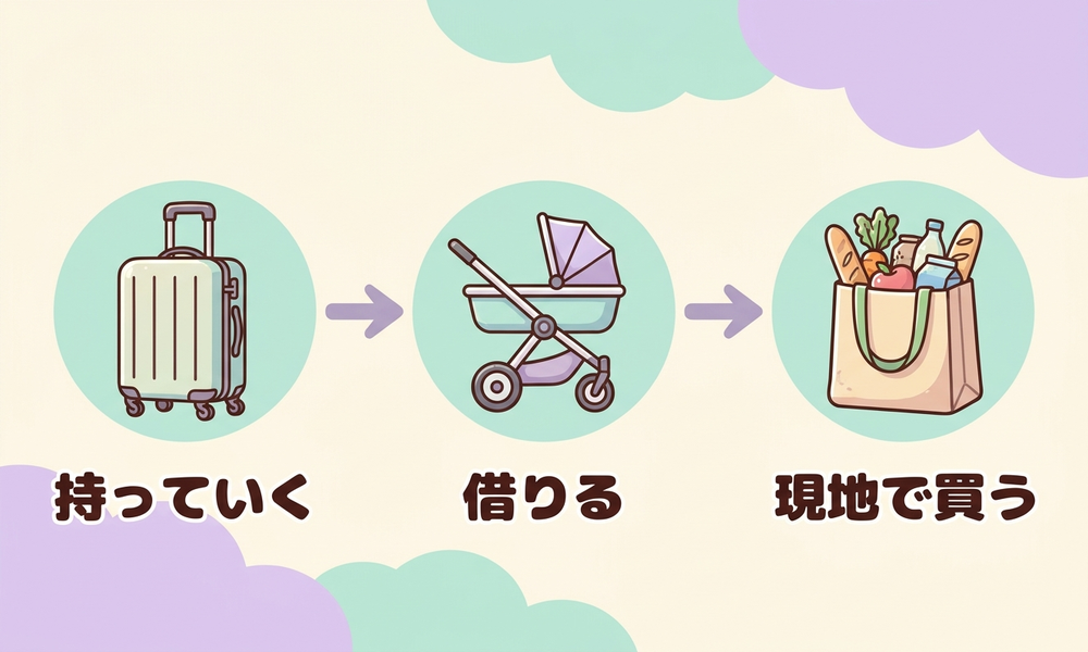 荷造りを持っていく・借りる・現地で買うの3つに分類したイメージ図