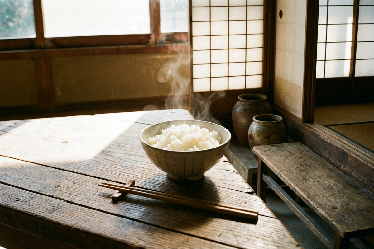 炊きあがったご飯とお茶碗