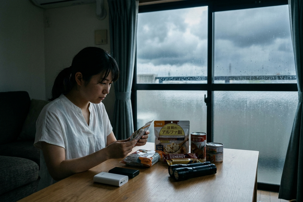 台風に備える防災グッズと女性