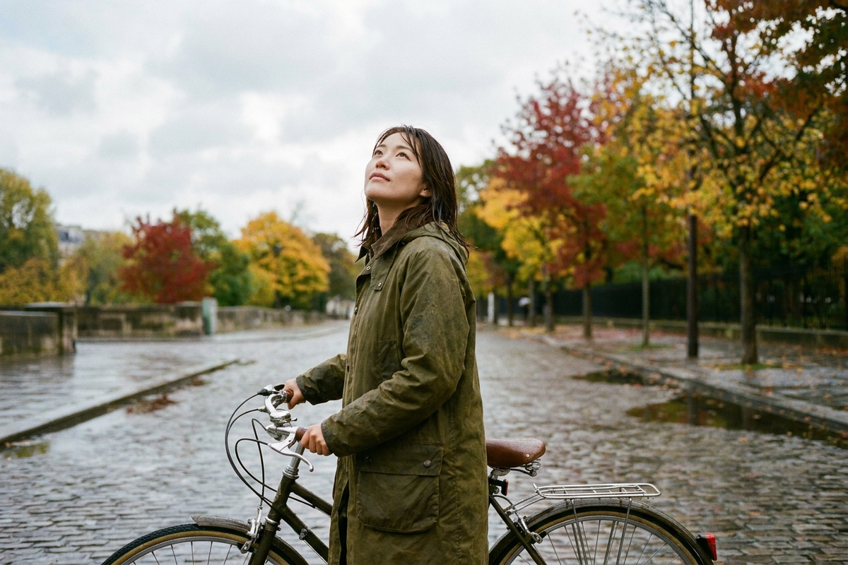 雨上がりに自転車のそばで空を見上げる女性