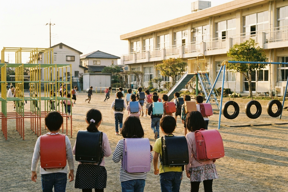 学童保育の教室で友達と過ごす子どもたちの後ろ姿とランドセル