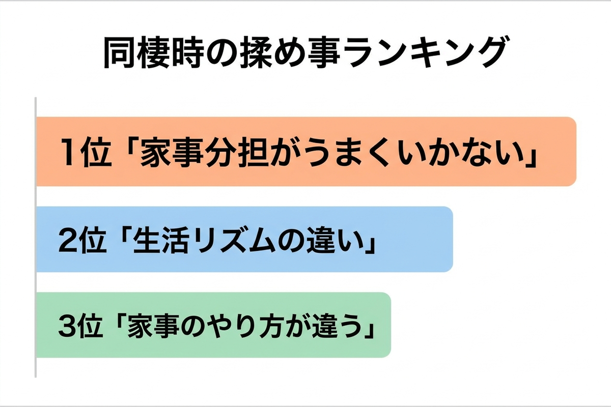同棲時の揉め事ランキングで家事分担が1位であることを示すデータ