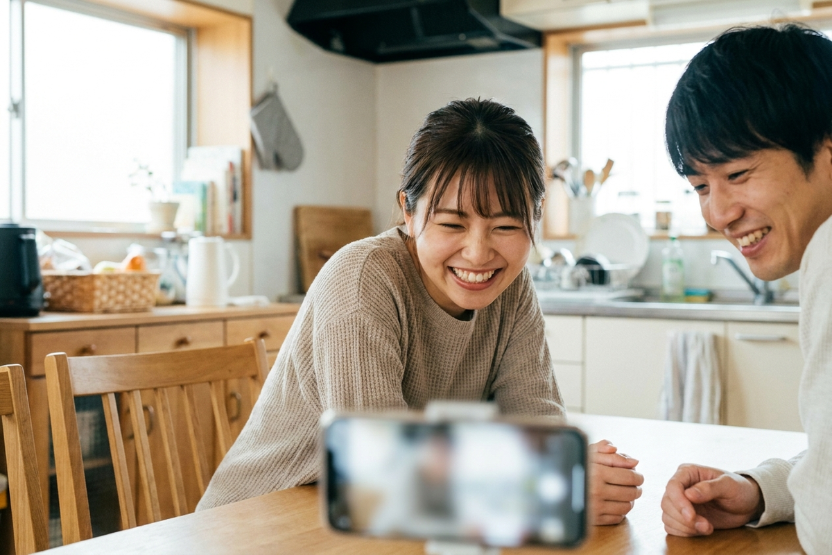 同棲カップルが家事分担アプリを見ながら笑顔で話し合う様子