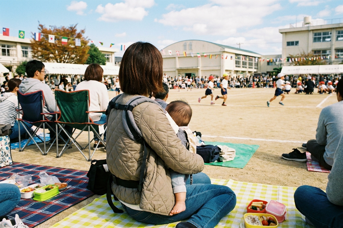 運動会の応援エリアで下の子を連れた保護者が座って待機している様子