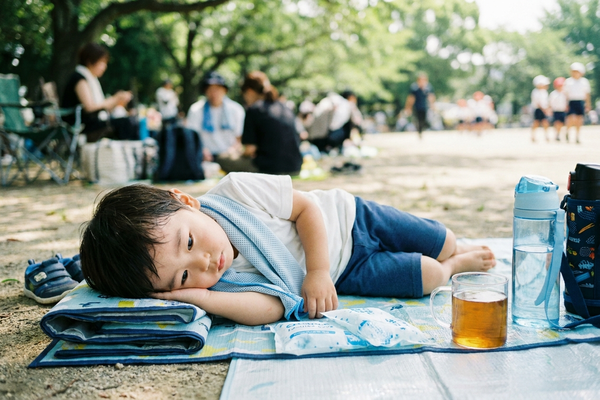 レジャーシートに座って冷却タオルを首にかけた子どもが休憩している様子