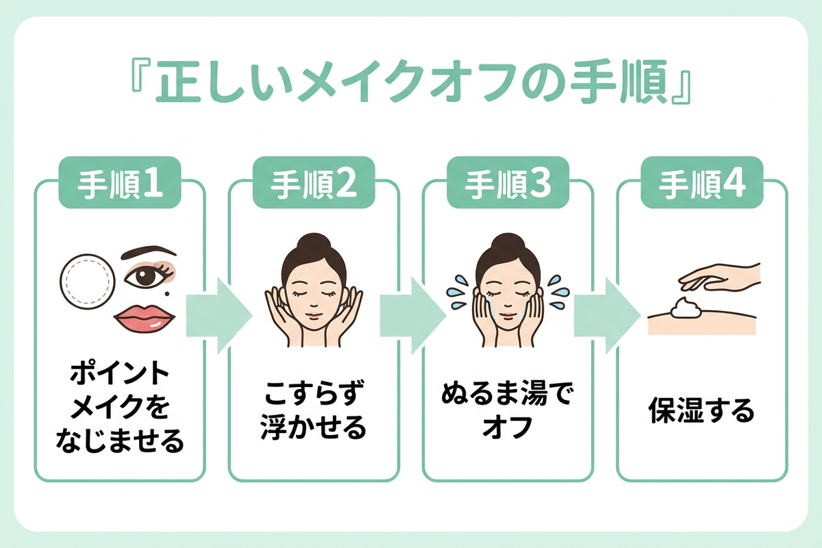 正しいメイクオフの手順を示すフロー図