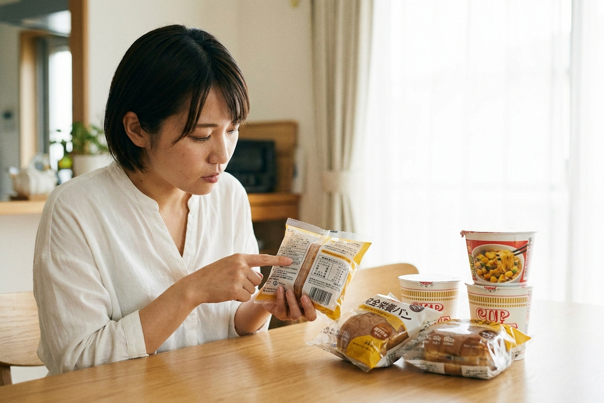 完全栄養食と栄養成分表を確認する女性