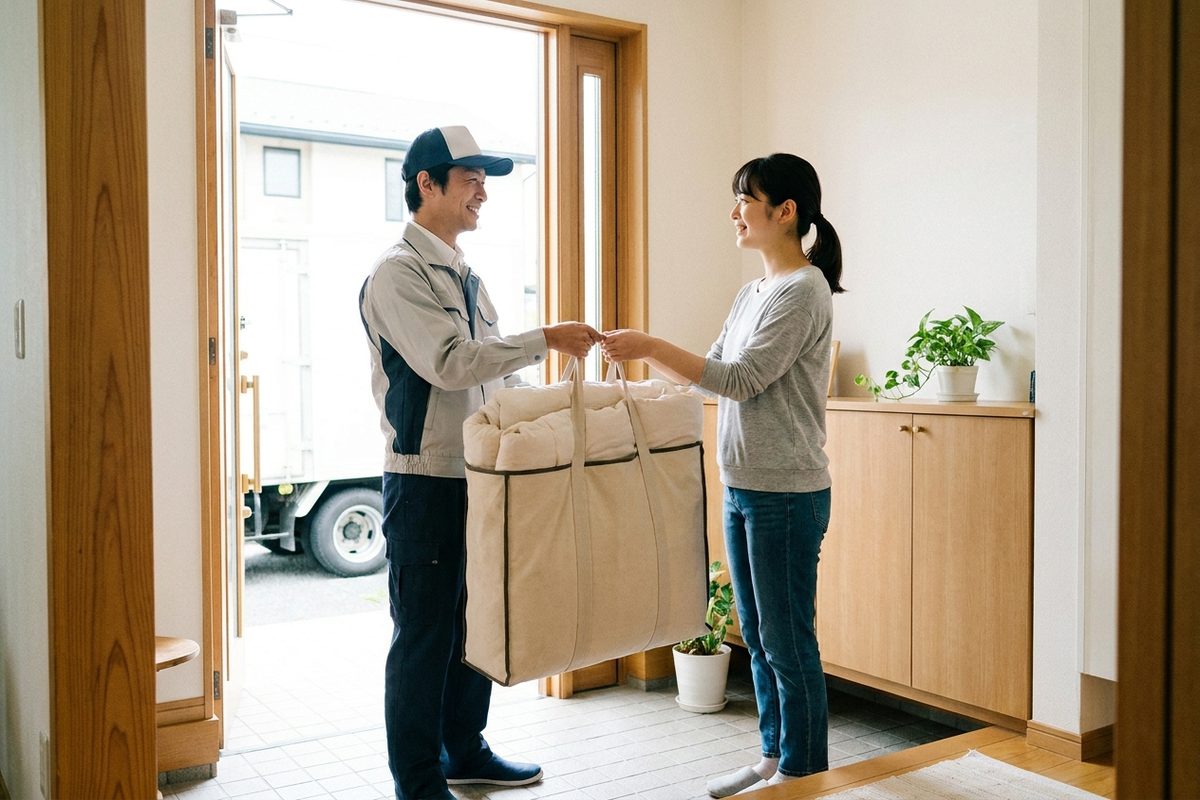 宅配クリーニング業者に布団を渡す女性
