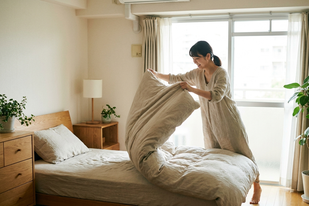 天日干しの準備をする女性