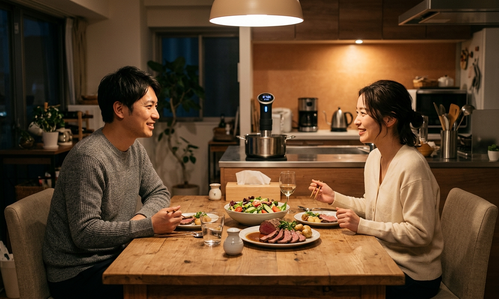 週末に仕込んだ料理を平日の夜に囲む夫婦
