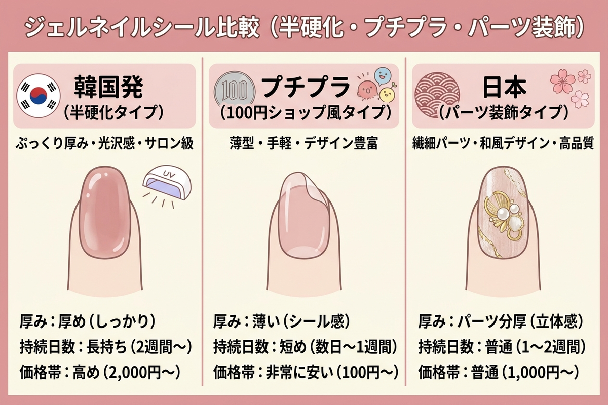ジェルネイルシール3タイプの比較図解