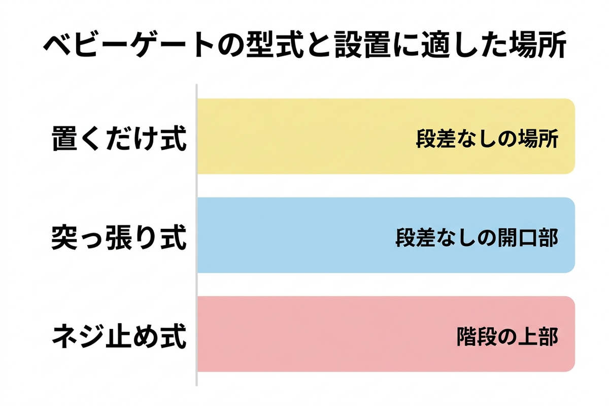ベビーゲートの型式と設置に適した場所を示す図