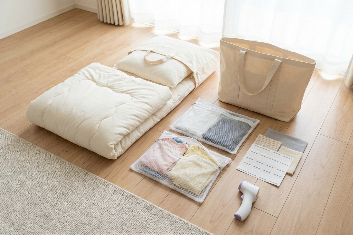 登園準備グッズが並んだフラットレイ写真