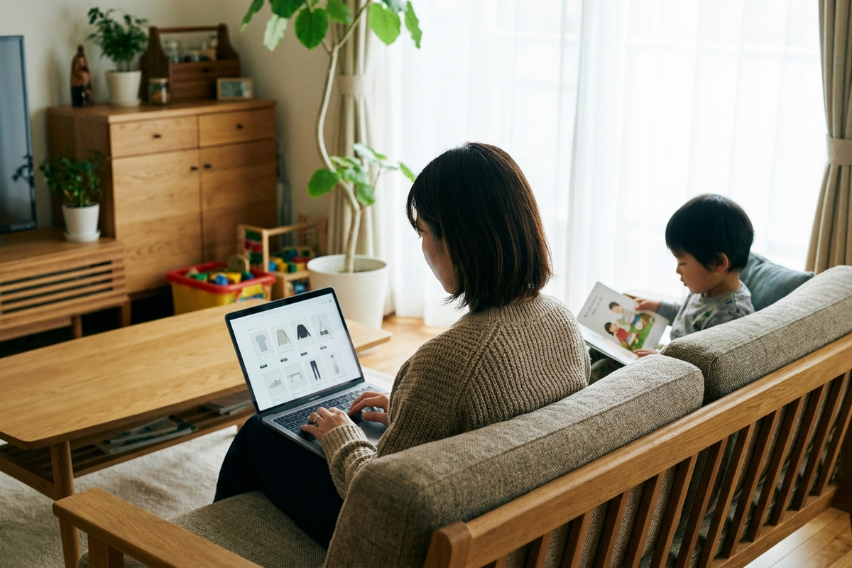 通販サイトの商品ページを確認しながら子どもと過ごす女性