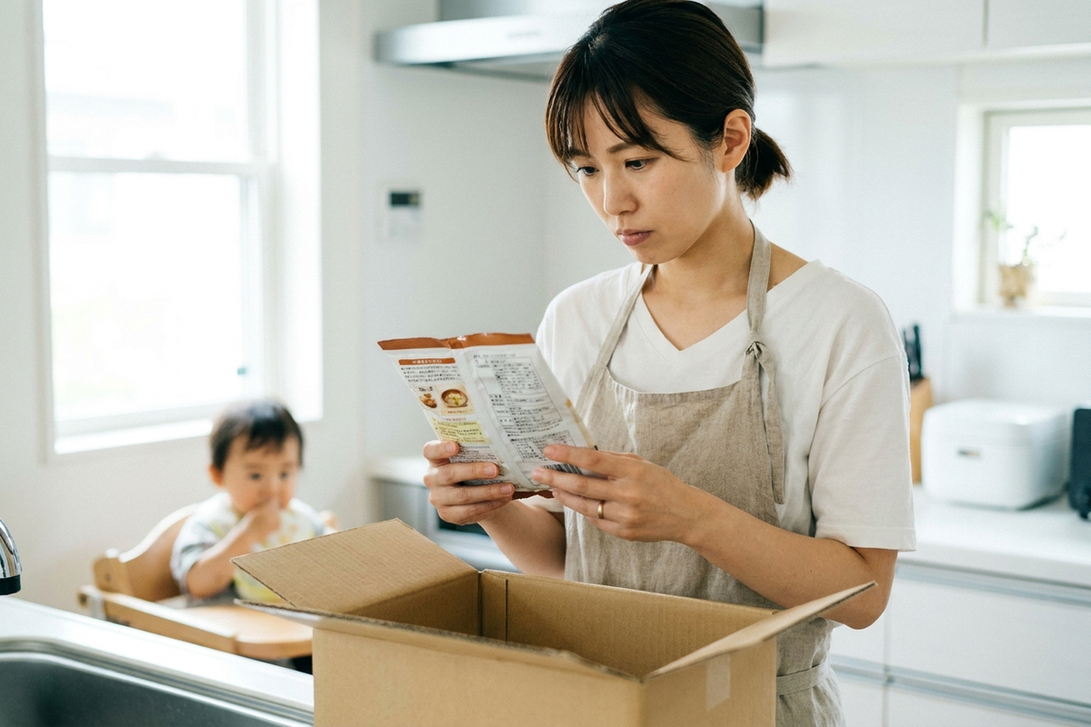 食材宅配の箱を開けながらパッケージの原材料表示を確認する女性