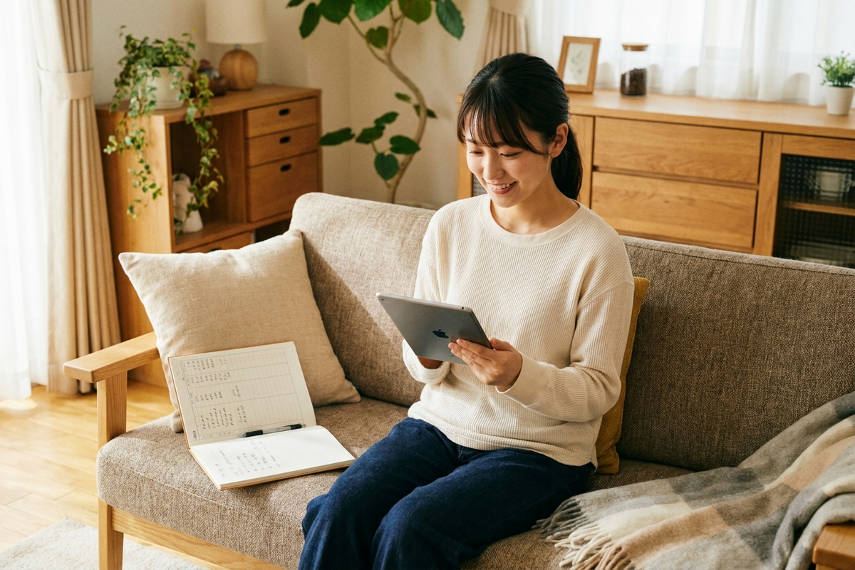タブレットで買い物の計画を立てる女性