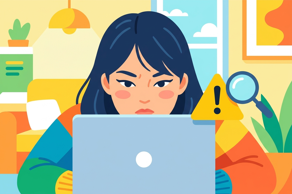 警告アイコンを見ながら画面を確認する女性のイラスト