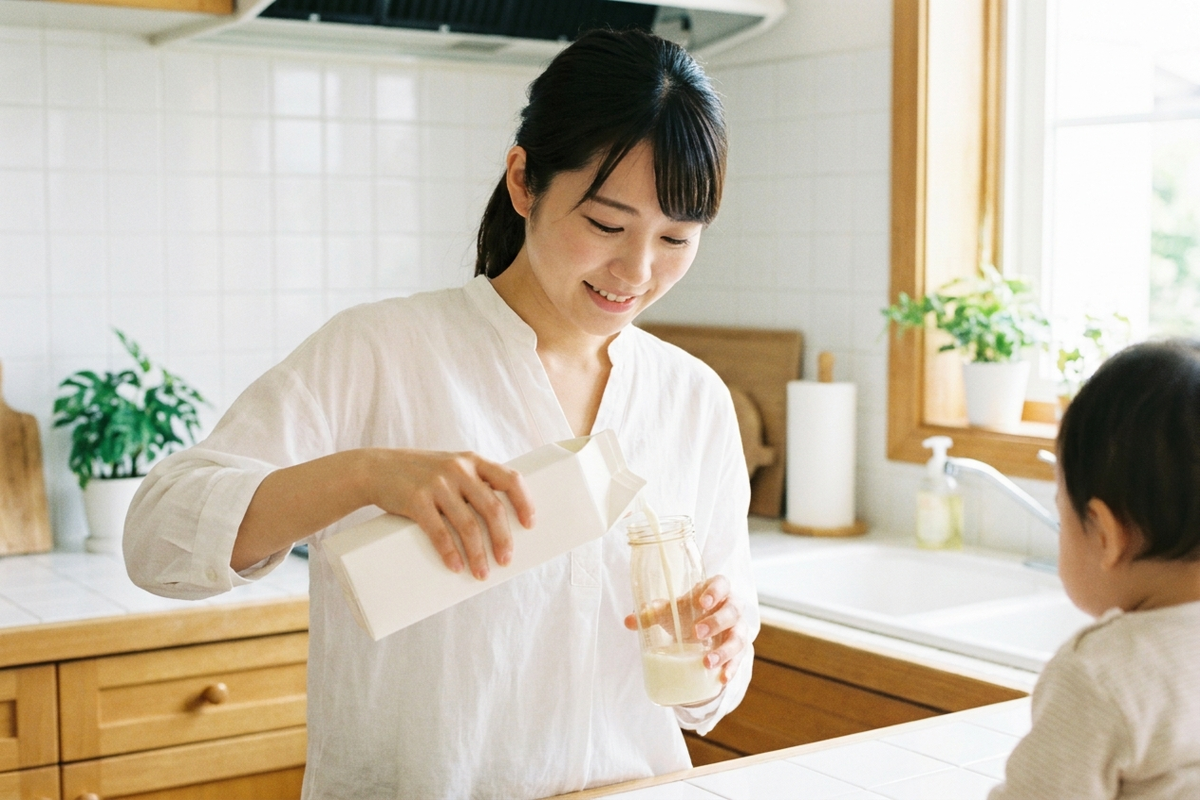 キッチンで液体ミルクを哺乳瓶に注ぐ様子