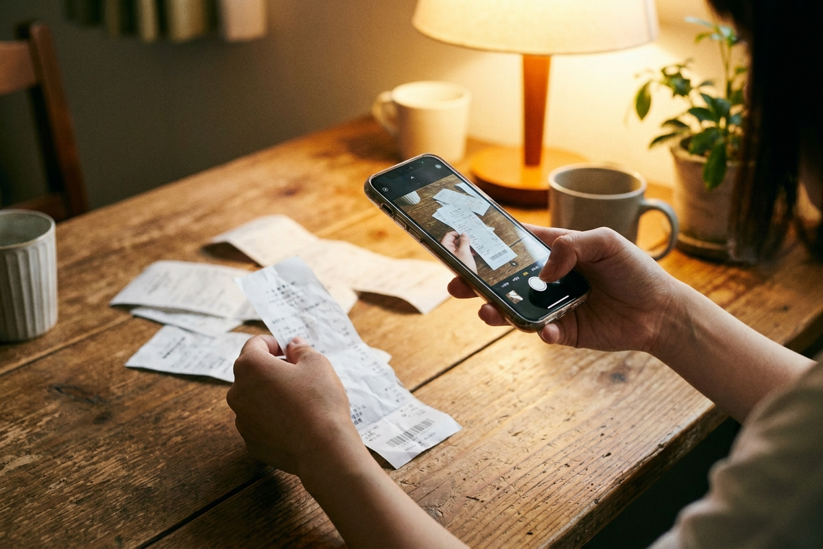 スマートフォンでレシートを撮影して記録する手元