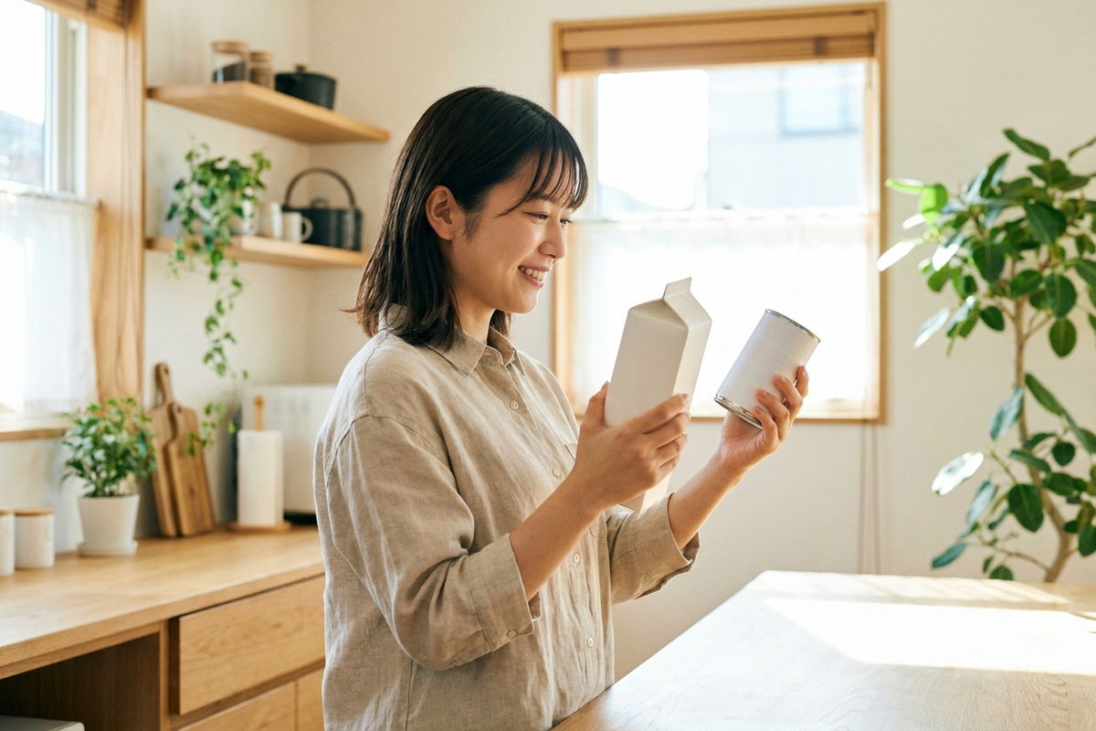 キッチンで液体ミルクのパッケージを手に取る女性