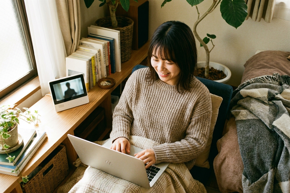 在宅ワークのデスクでノートPC作業をしながらインターホンのモニターが視界に入る部屋