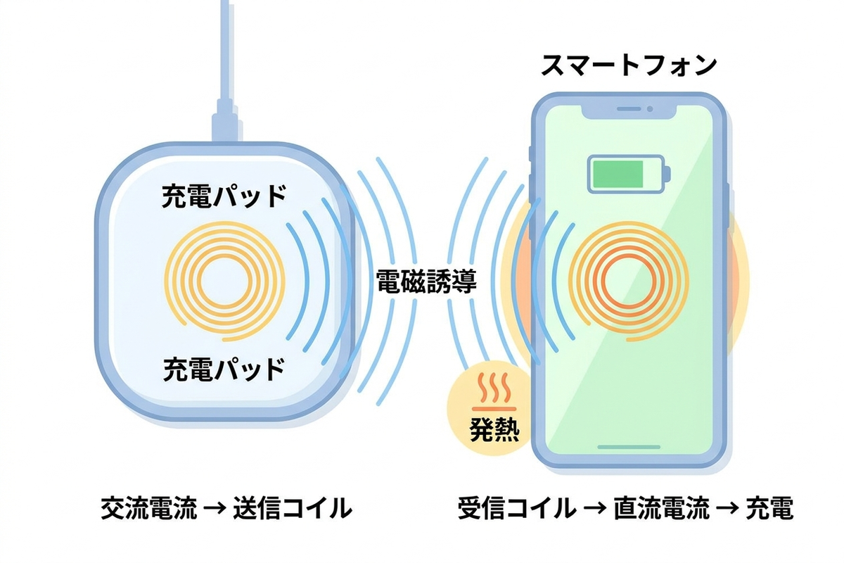 ワイヤレス充電における電磁誘導と発熱の仕組みを示す図解