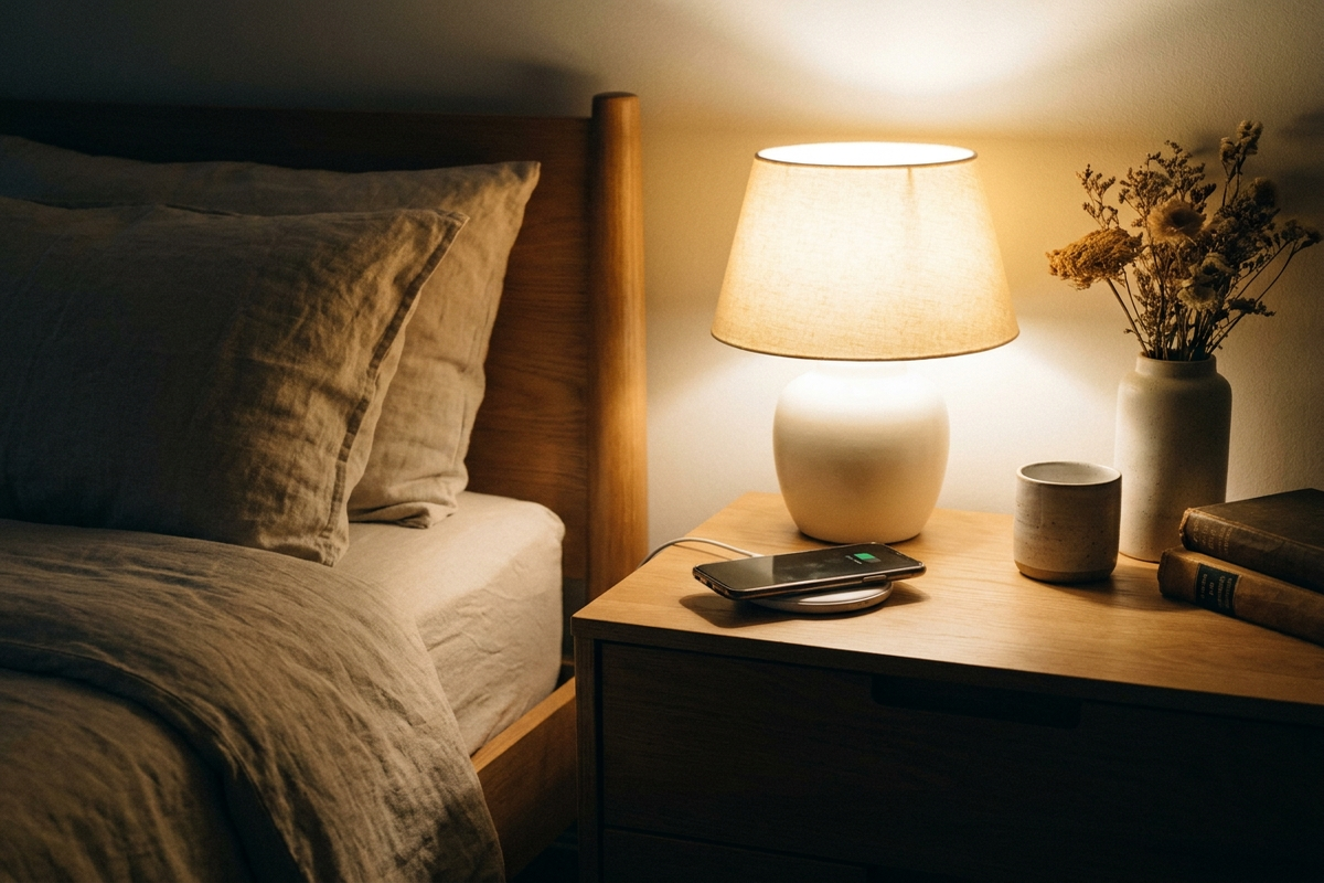 寝室のナイトテーブルでスマホを充電しながら眠る様子