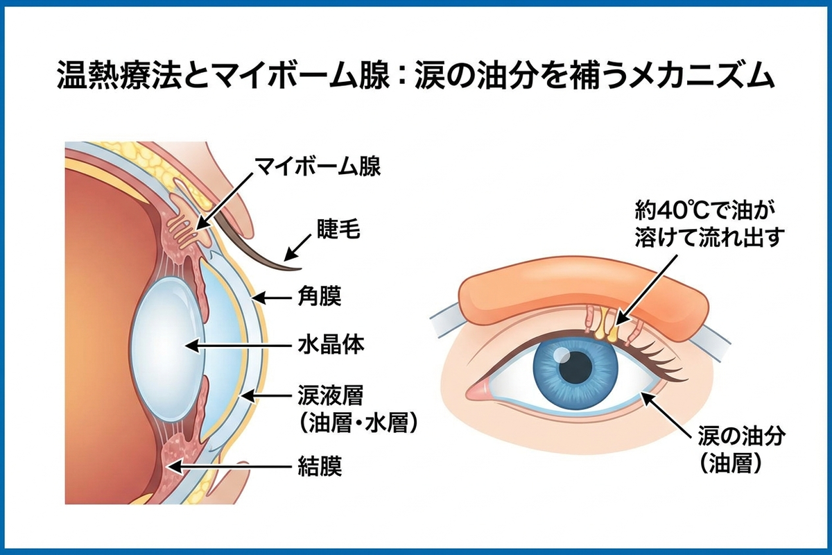 マイボーム腺と涙の油層の仕組みを示す医療図解