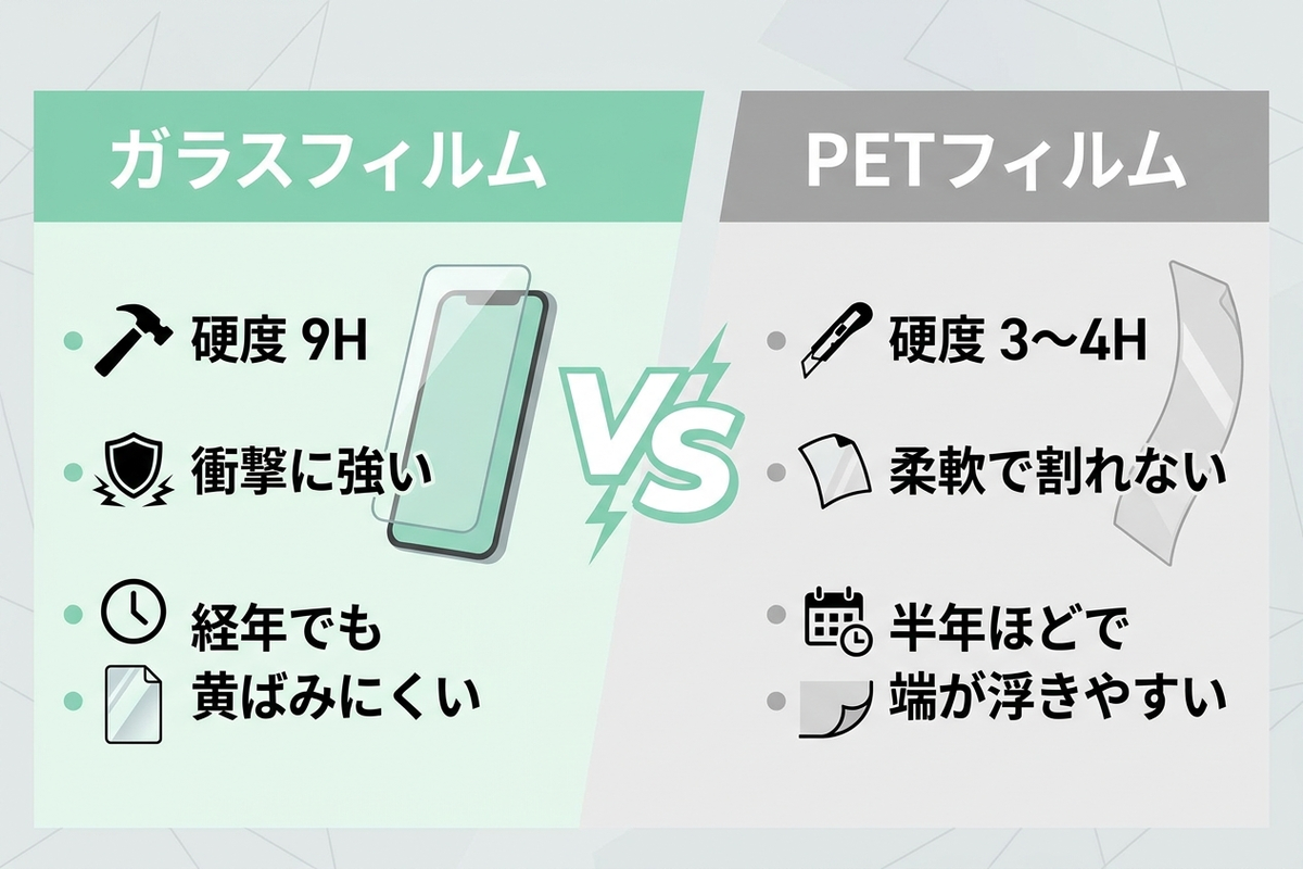 ガラスフィルムとPETフィルムの硬度・耐衝撃性・経年変化を比較した図