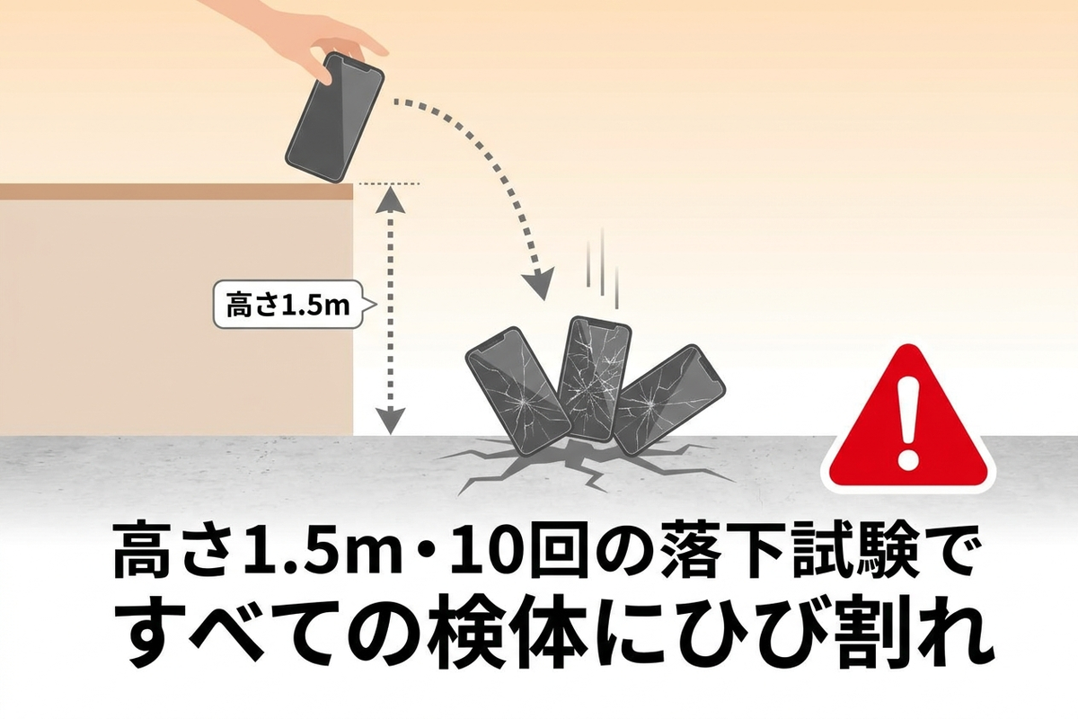高さ1.5m・10回の落下試験ですべての検体にひび割れが発生したことを示す図
