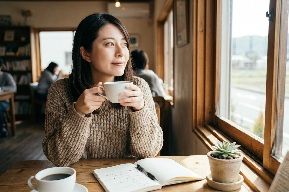 スマホの画面保護フィルムをカフェで検討する女性