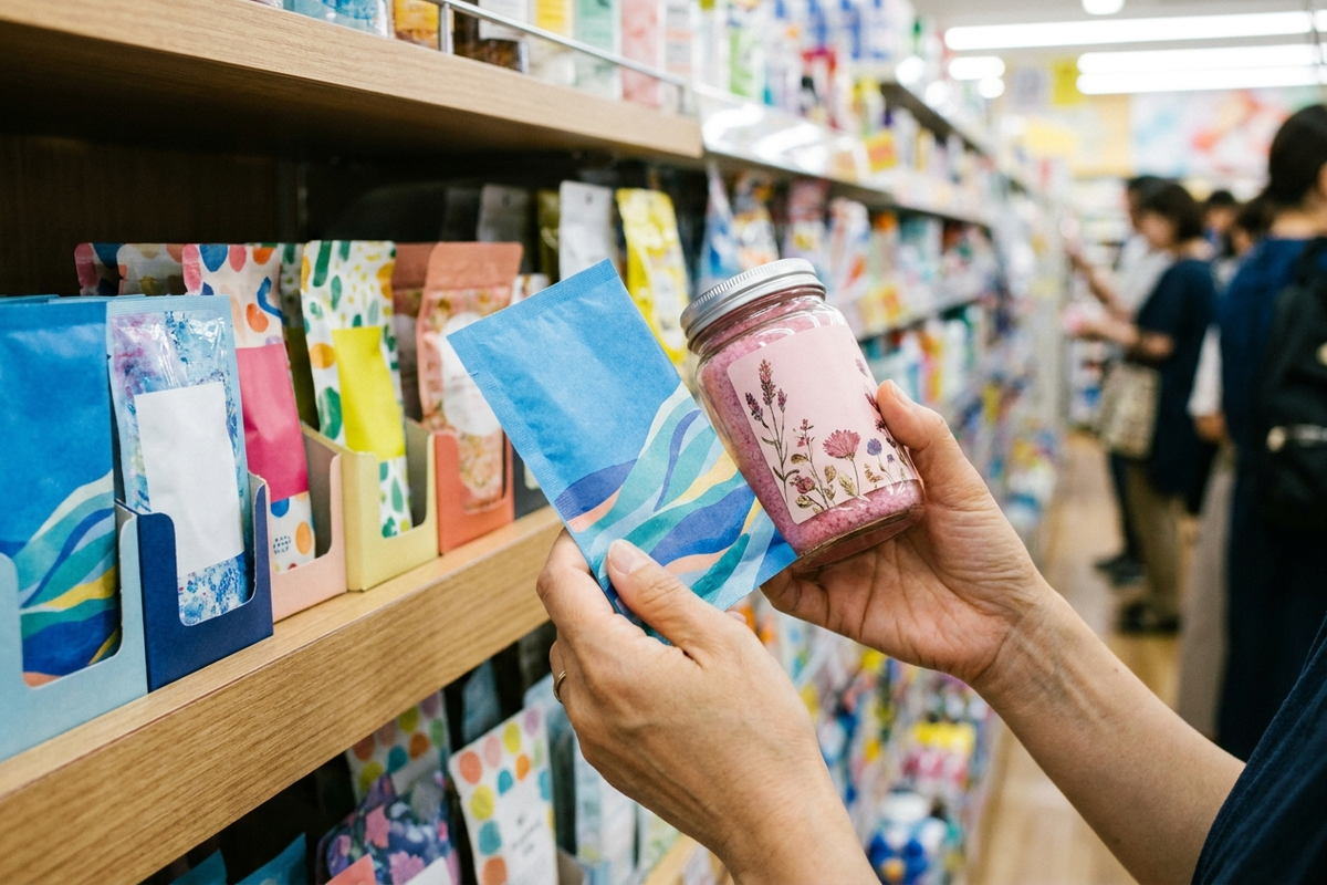 色とりどりの入浴剤パッケージを手に取って見比べる手元