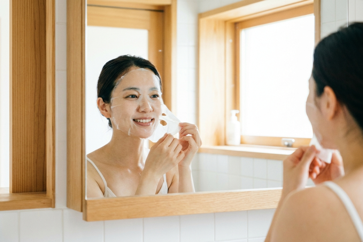 シートマスクをそっとはがす女性