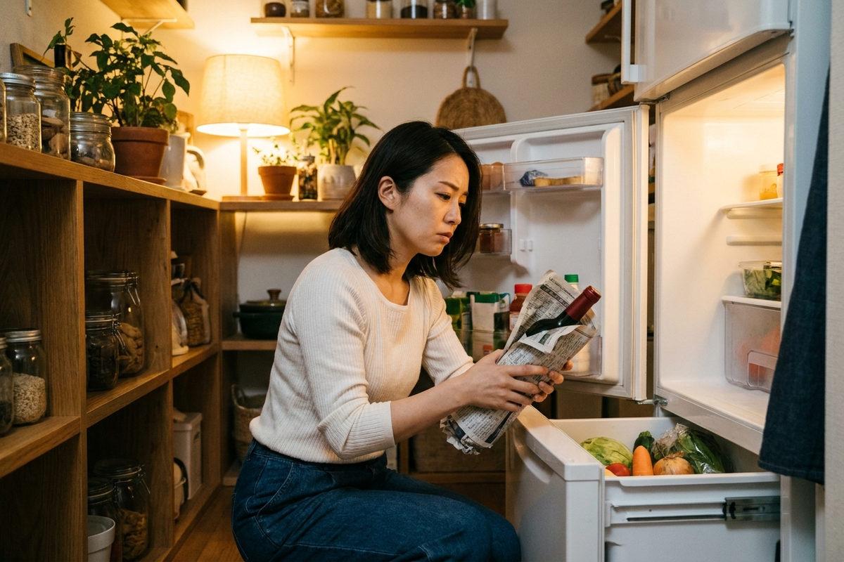 冷蔵庫の野菜室にワインボトルをしまおうとする女性