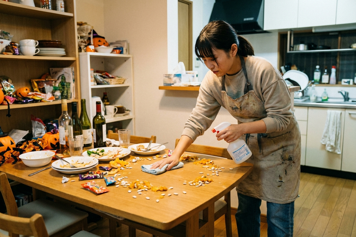 ハロウィンパーティー後にかぼちゃの種やお菓子の包み紙が散らばったテーブルを片付ける女性